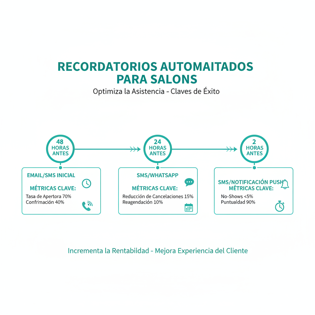 Una línea de tiempo que ilustra la secuencia de recordatorios automatizados para salones de 48, 24 y 2 horas con métricas clave para cada etapa.