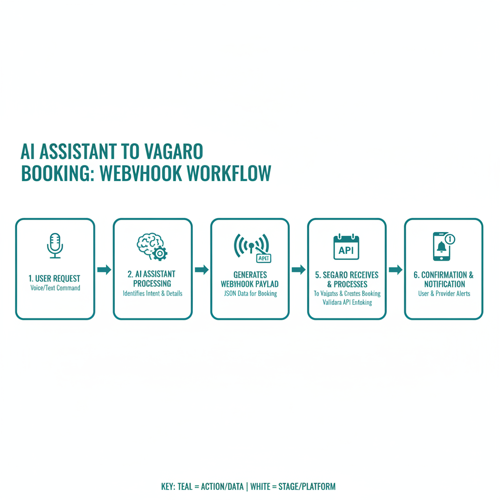 Step-by-step workflow of how a third-party AI assistant uses webhooks to schedule a booking in Vagaro.