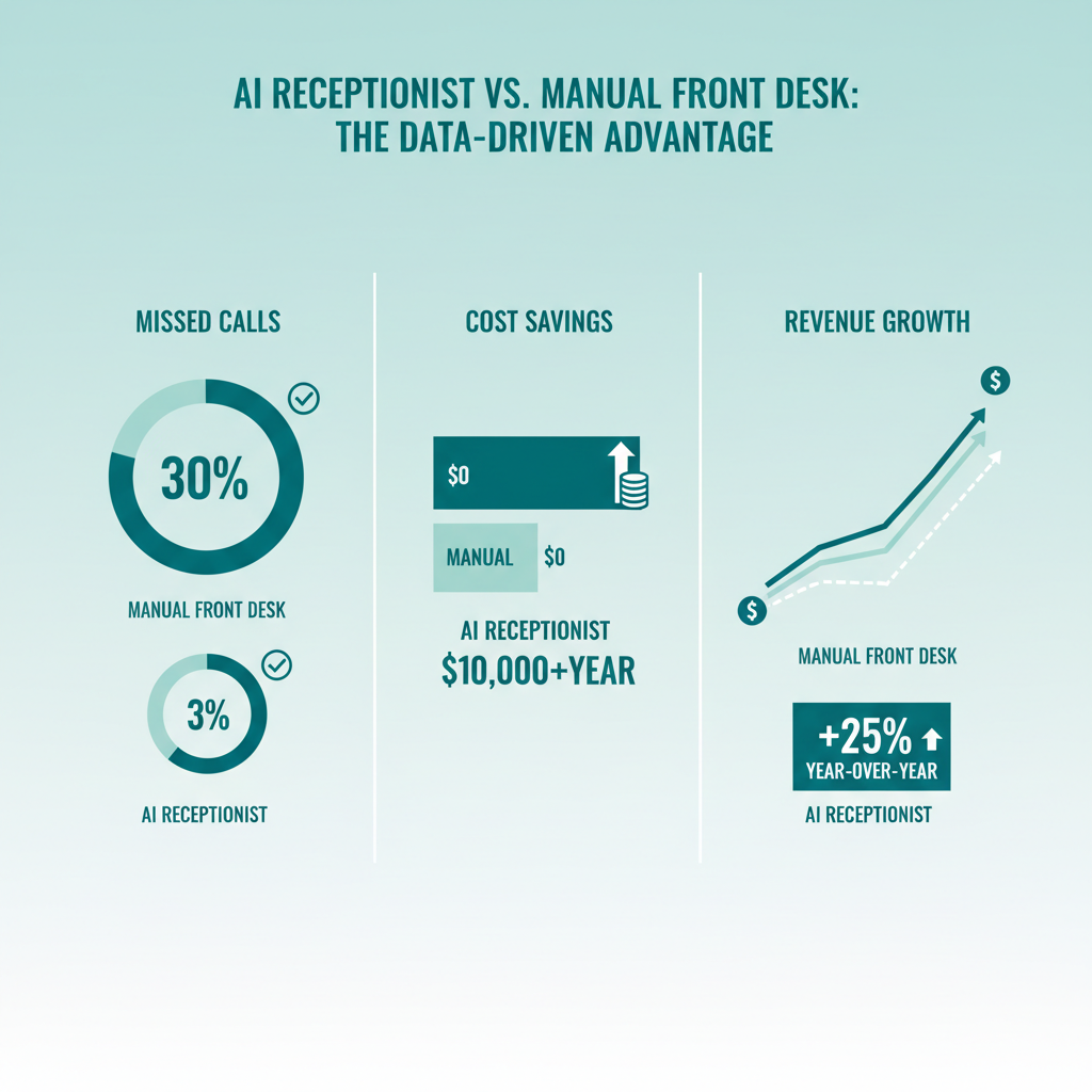 A visual comparison of missed call rates, cost savings, and revenue growth with an AI receptionist vs manual front desk