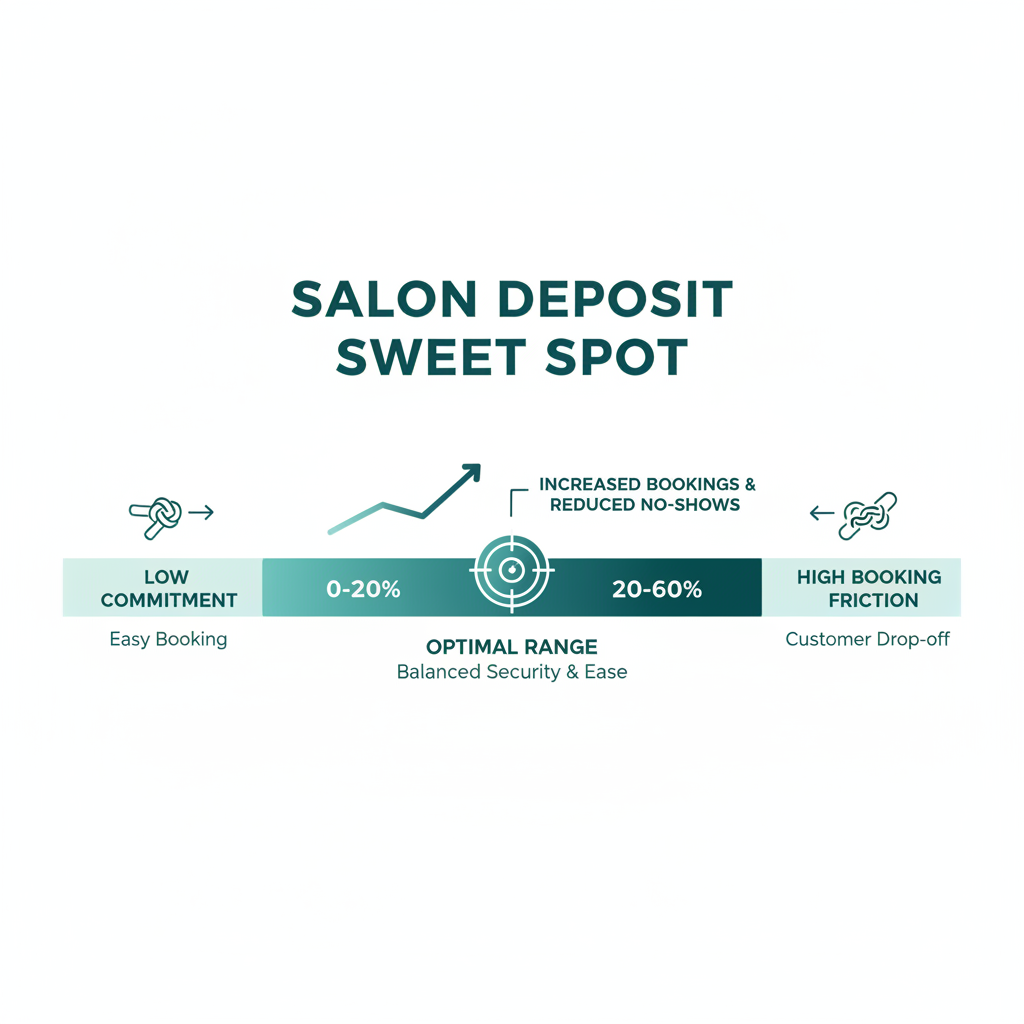 A visual chart showing the sweet spot for salon deposits, comparing the low commitment of deposits under 20% to the high booking friction of deposits over 60%.