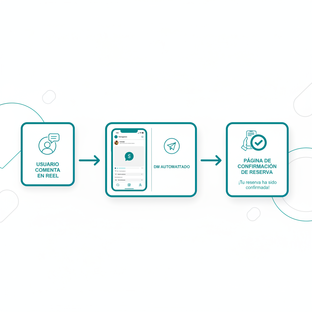 Diagrama de flujo que muestra a un usuario comentando en un Reel de Instagram, activando un DM automatizado y llegando a una página de confirmación de reserva.