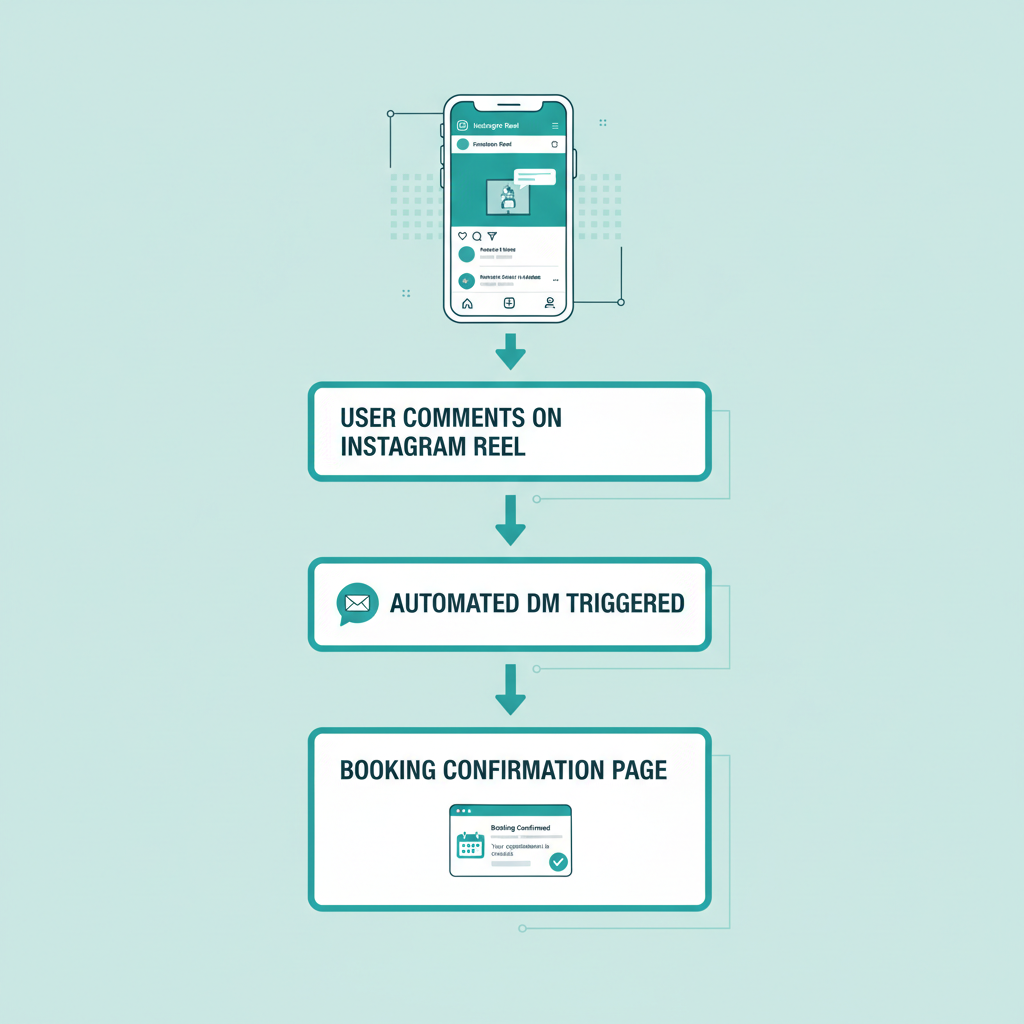 Flowchart showing a user commenting on an Instagram Reel, triggering an automated DM, and landing on a booking confirmation page.