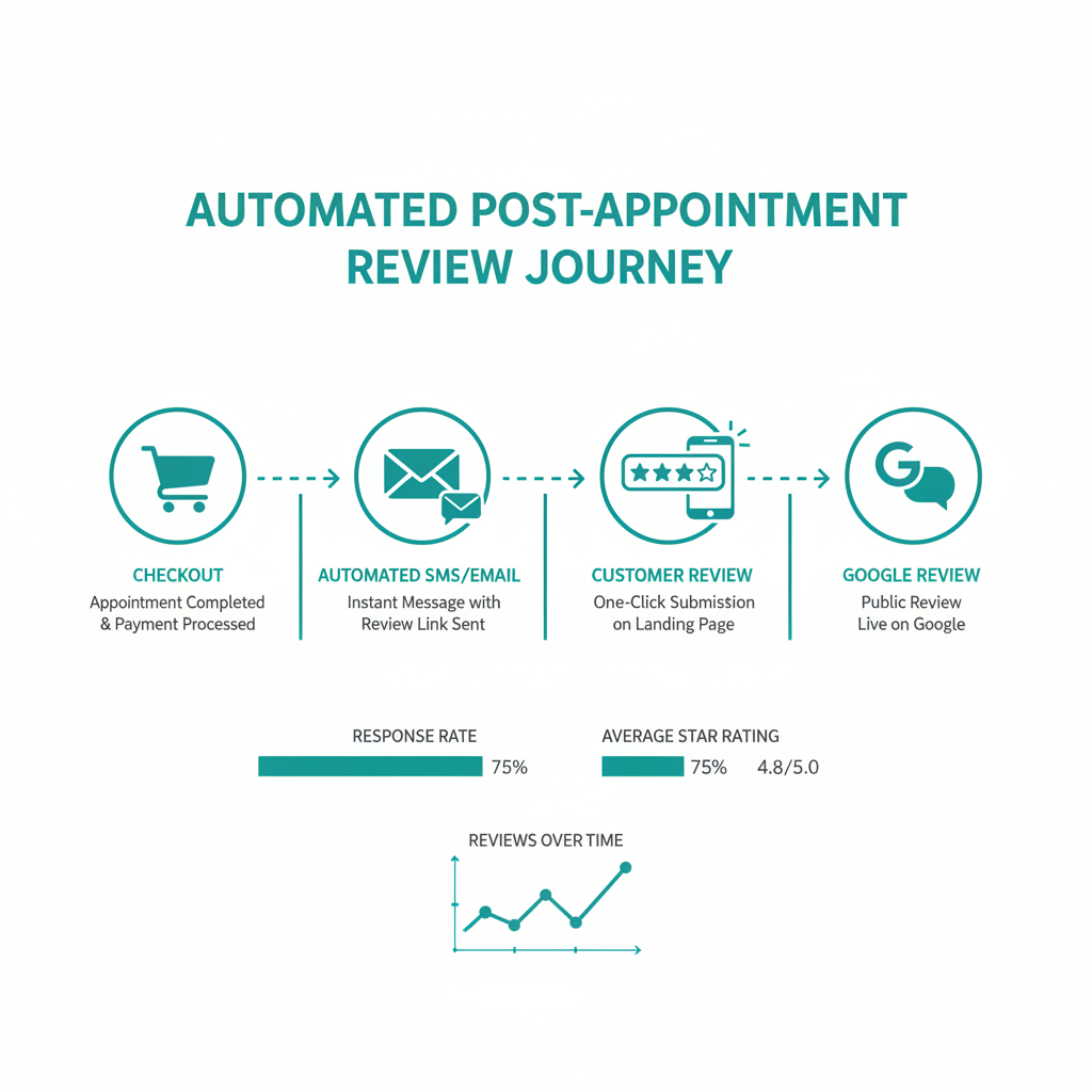 The automated post-appointment review journey from checkout to Google Review publication