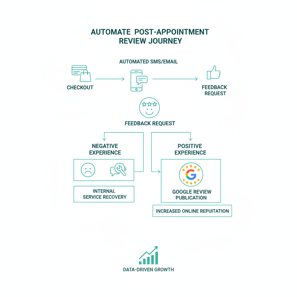 The automated post-appointment review journey from checkout to Google Review publication