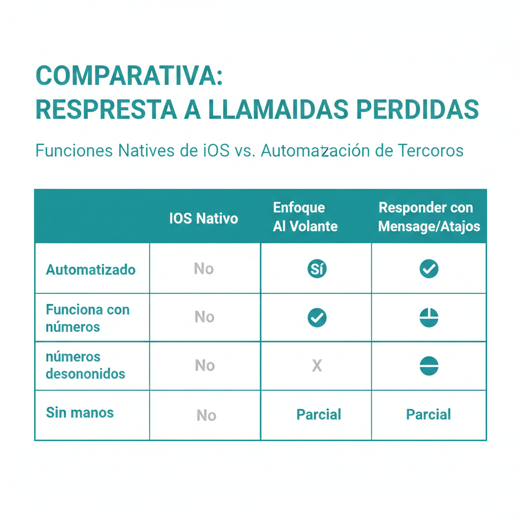 Una tabla comparativa que muestra las funciones nativas de iOS (Enfoque Al volante, Responder con mensaje, Atajos) frente a la automatización de respuesta a llamadas perdidas de terceros bajo criterios como "Automatizado", "Funciona con números desconocidos" y "Sin manos".