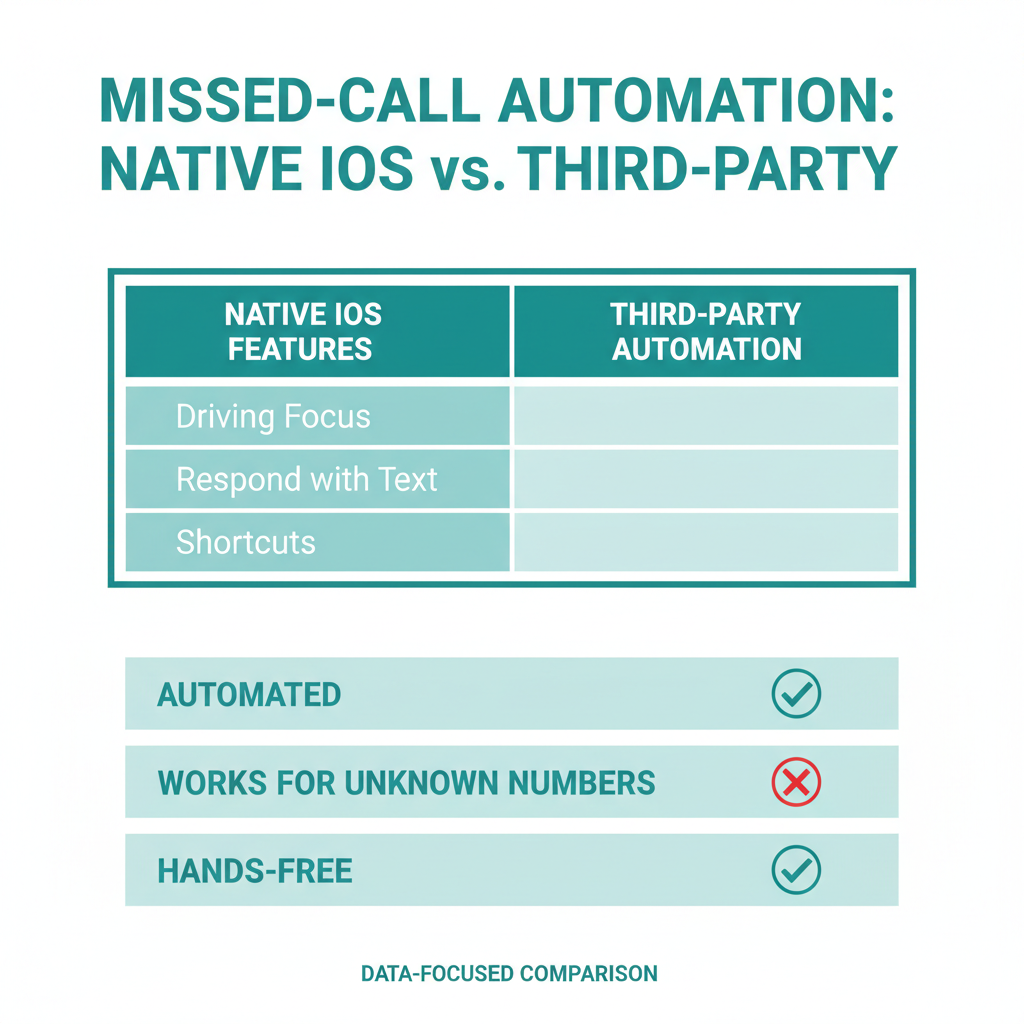 A comparison chart showing Native iOS features (Driving Focus, Respond with Text, Shortcuts) vs. Third-Party Missed-Call Text Back Automation across criteria like "Automated", "Works for Unknown Numbers", and "Hands-free".