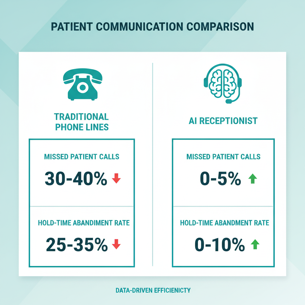A comparison chart showing missed patient calls and hold-time abandonment rates between traditional phone lines and AI receptionists