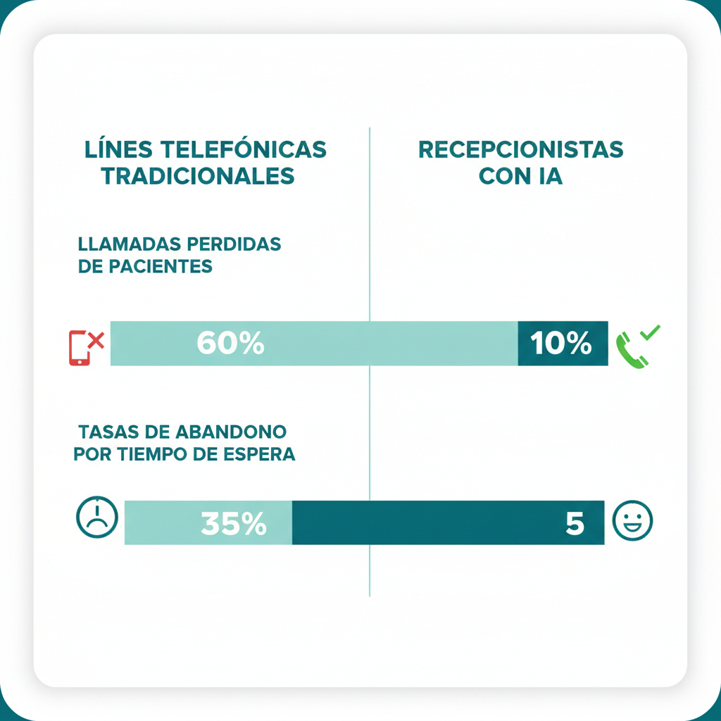 Un gráfico comparativo que muestra las llamadas perdidas de pacientes y las tasas de abandono por tiempo de espera entre las líneas telefónicas tradicionales y las recepcionistas con IA