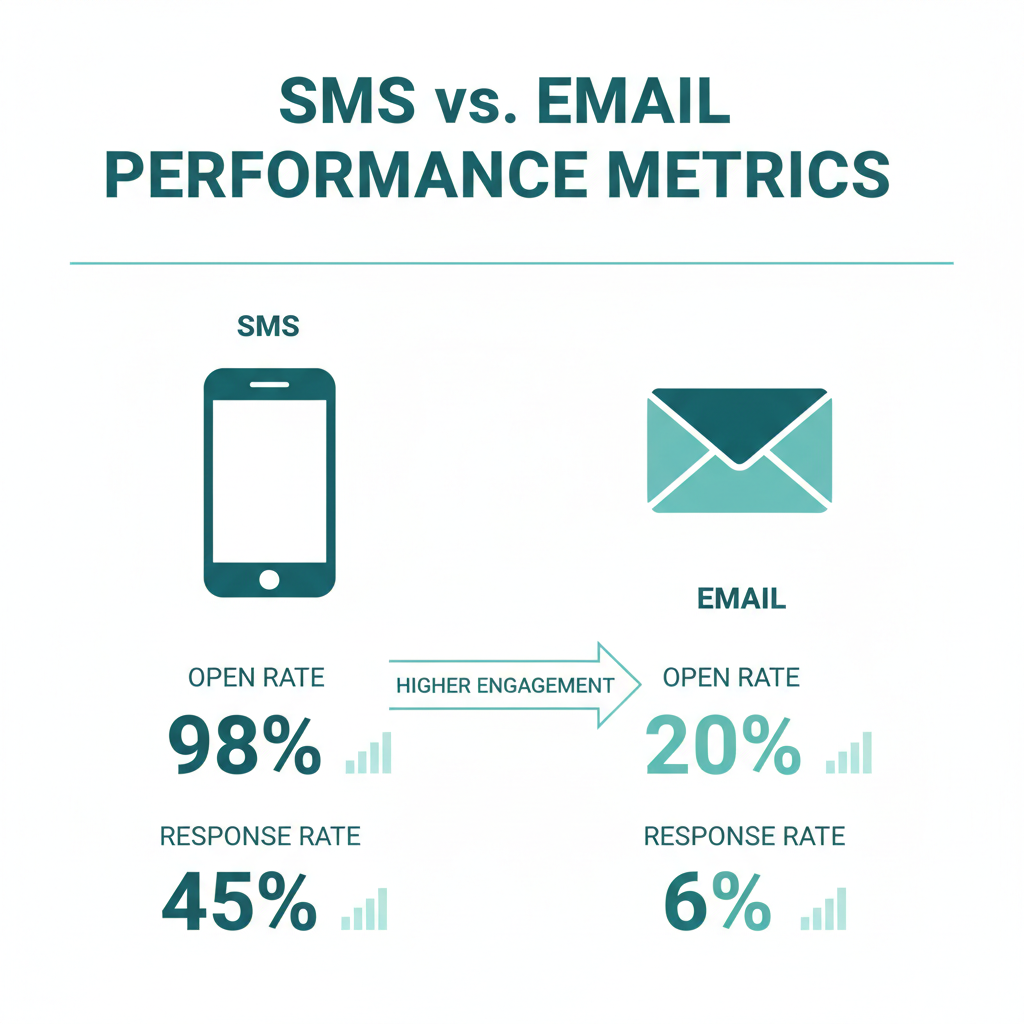 A comparison chart showing SMS vs Email performance metrics, highlighting the 98 percent open rate and 45 percent response rate of text messages compared to email.