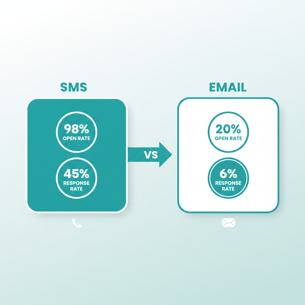 Un gráfico comparativo que muestra las métricas de rendimiento de SMS frente a correo electrónico, destacando la tasa de apertura del 98 por ciento y la tasa de respuesta del 45 por ciento de los mensajes de texto en comparación con el correo electrónico.