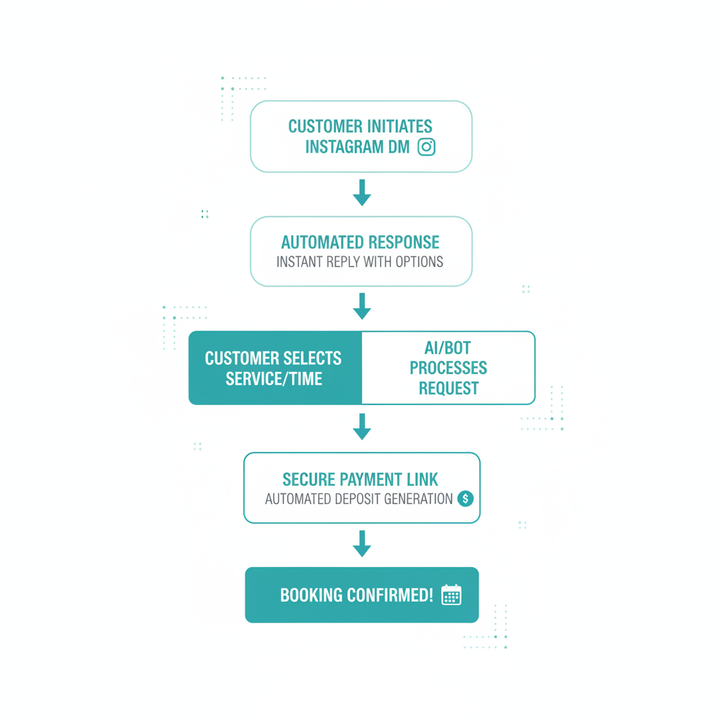 A flowchart illustrating the customer journey from sending a DM on Instagram to receiving an automated deposit link and securing a booking.