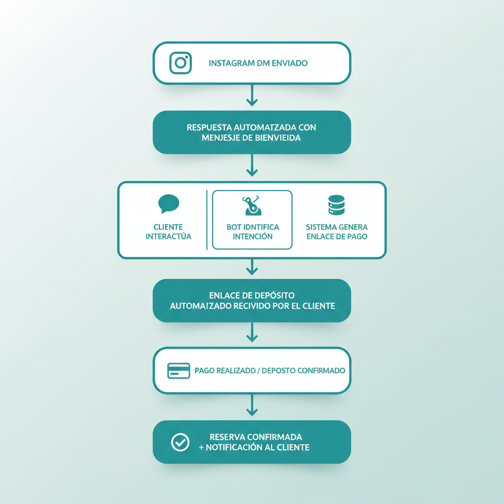 Un diagrama de flujo que ilustra el recorrido del cliente desde el envío de un mensaje directo en Instagram hasta la recepción de un enlace de depósito automatizado y la confirmación de la reserva.