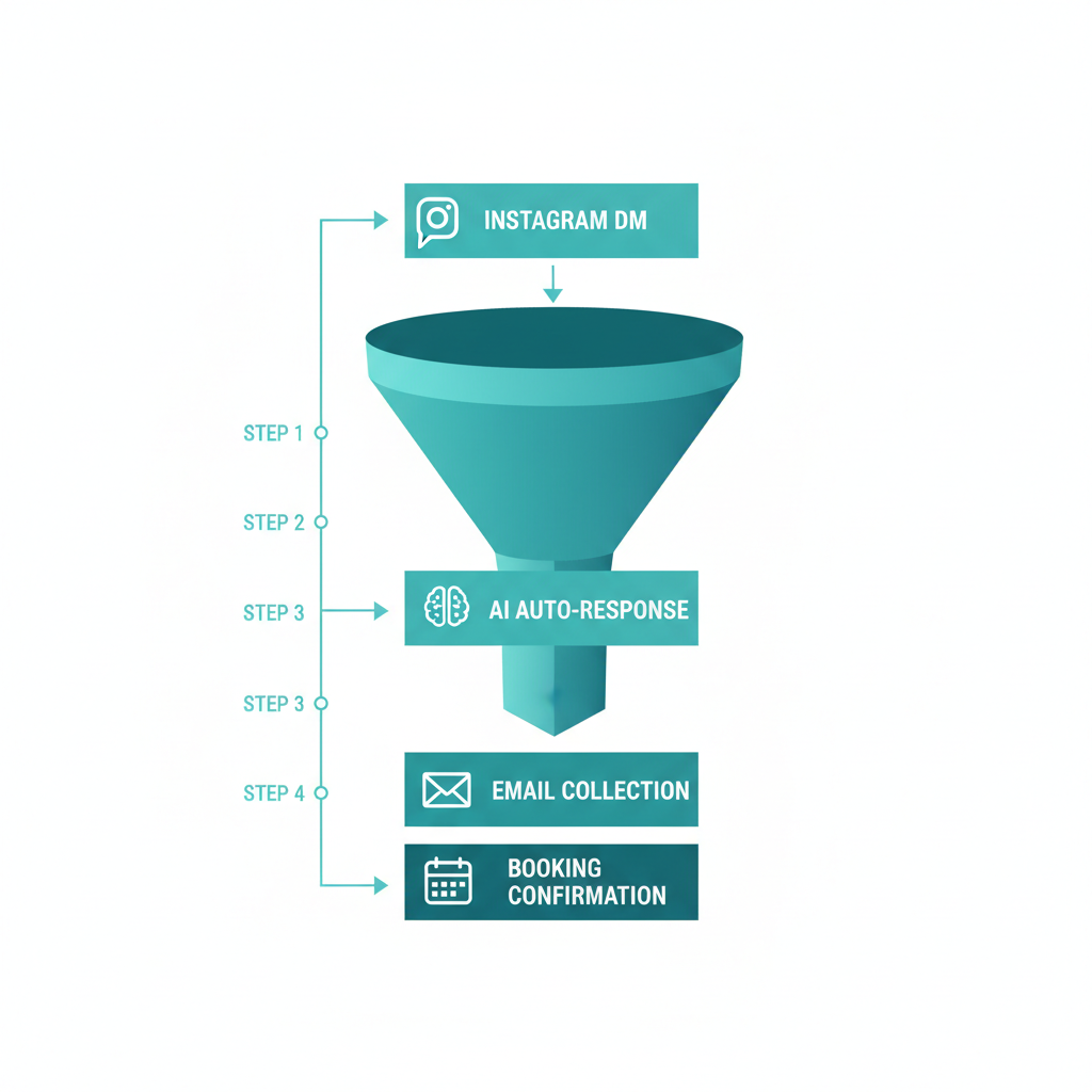 The step-by-step funnel showing an Instagram DM trigger, AI auto-response, email collection, and final booking confirmation