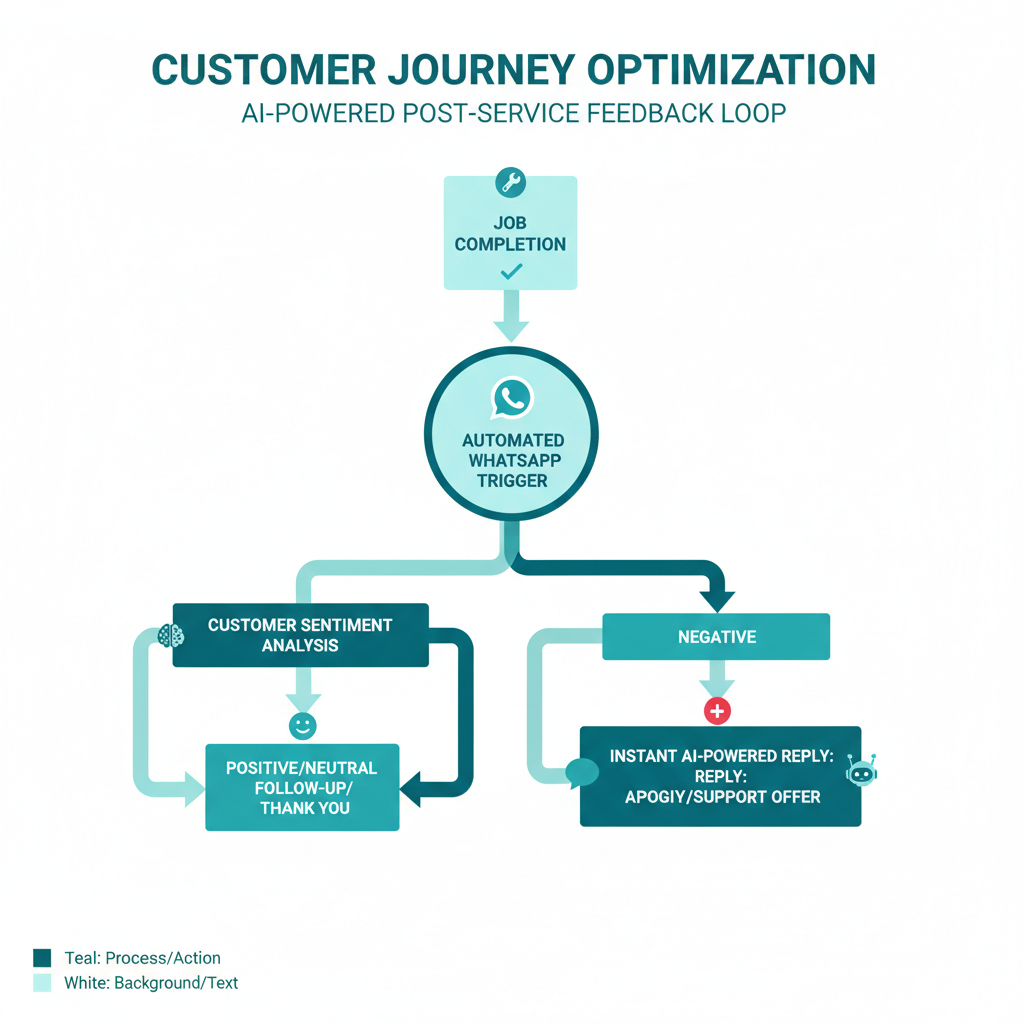 A visual flowchart showing the customer journey from job completion, to an automated WhatsApp survey trigger, to an instant AI-powered reply based on customer sentiment.
