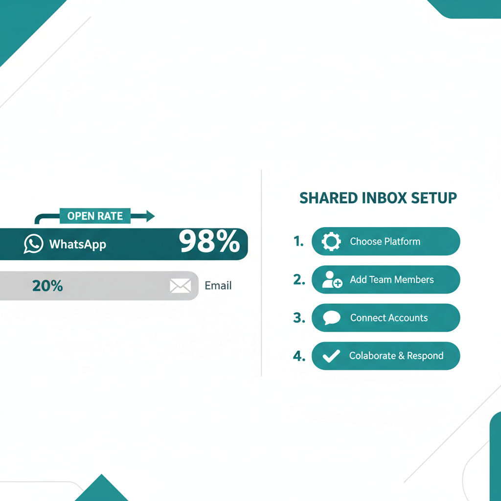 A comparison chart showing the 98% open rate of WhatsApp versus the 20% of email, alongside the key steps to set up a shared inbox.
