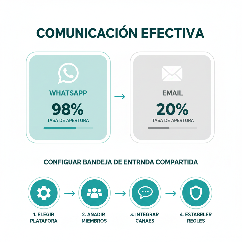Un gráfico comparativo que muestra la tasa de apertura del 98% de WhatsApp frente al 20% del correo electrónico, junto con los pasos clave para configurar una bandeja de entrada compartida.