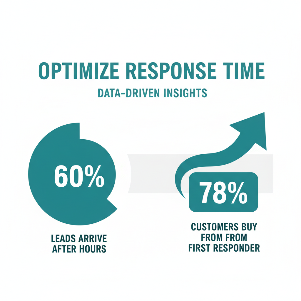 A statistical breakdown showing that 60% of leads arrive after hours and 78% of customers buy from the first responder
