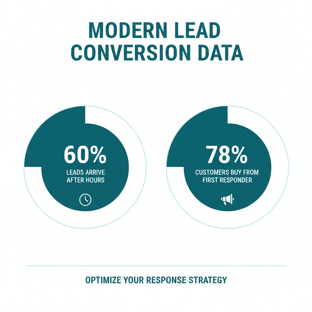 A statistical breakdown showing that 60% of leads arrive after hours and 78% of customers buy from the first responder