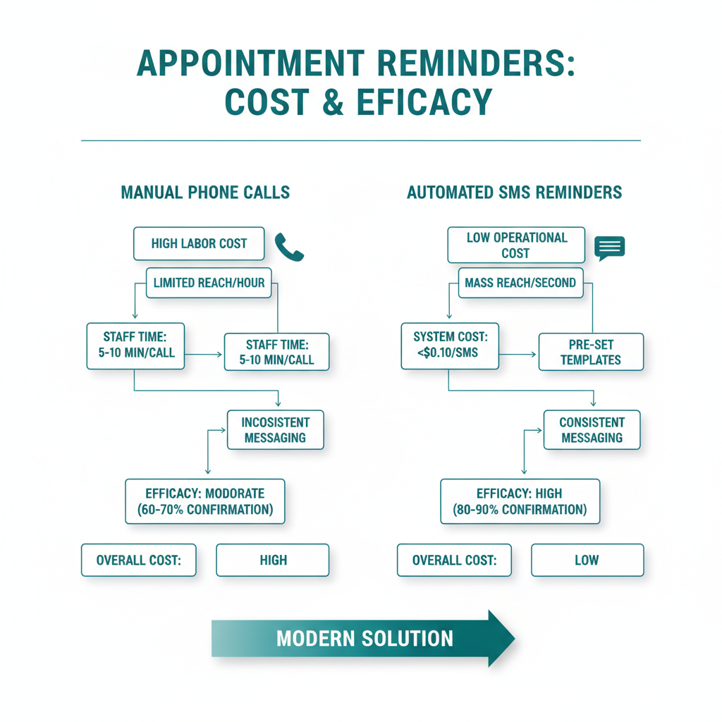 A visual flowchart comparing the cost and efficacy of manual phone calls versus automated SMS reminders