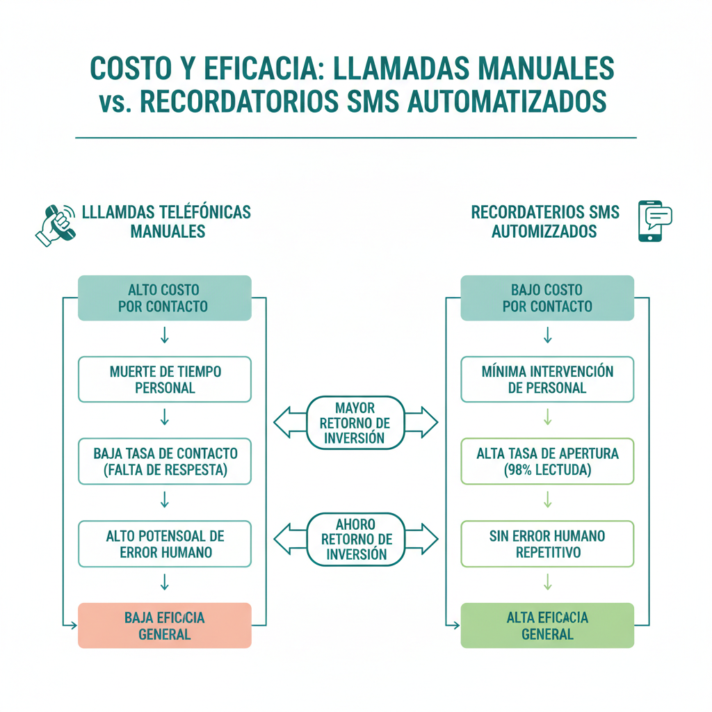 Un diagrama de flujo visual que compara el costo y la eficacia de las llamadas telefónicas manuales frente a los recordatorios SMS automatizados