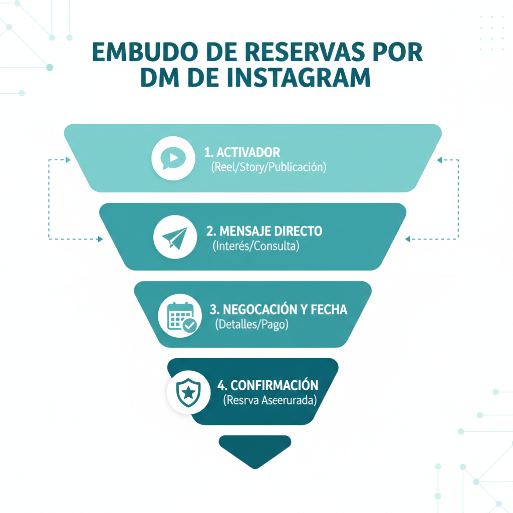Desglose visual del embudo de reservas por DM de Instagram desde el activador hasta la confirmación