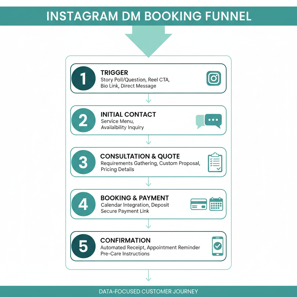 Visual breakdown of the Instagram DM booking funnel from trigger to confirmation