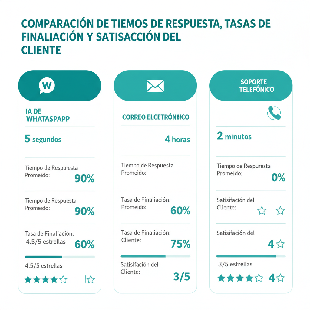 Comparación de tiempos de respuesta, tasas de finalización y satisfacción del cliente entre la IA de WhatsApp, el correo electrónico y el soporte telefónico