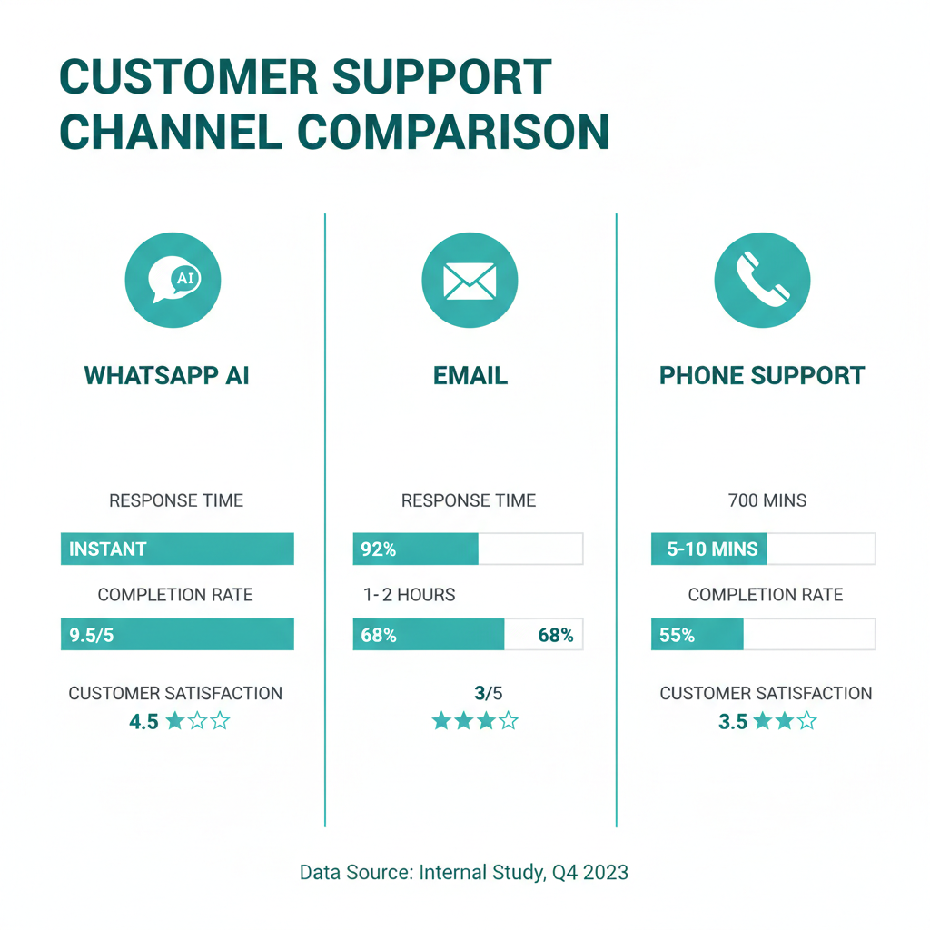 Comparison of response times, completion rates, and customer satisfaction between WhatsApp AI, email, and phone support