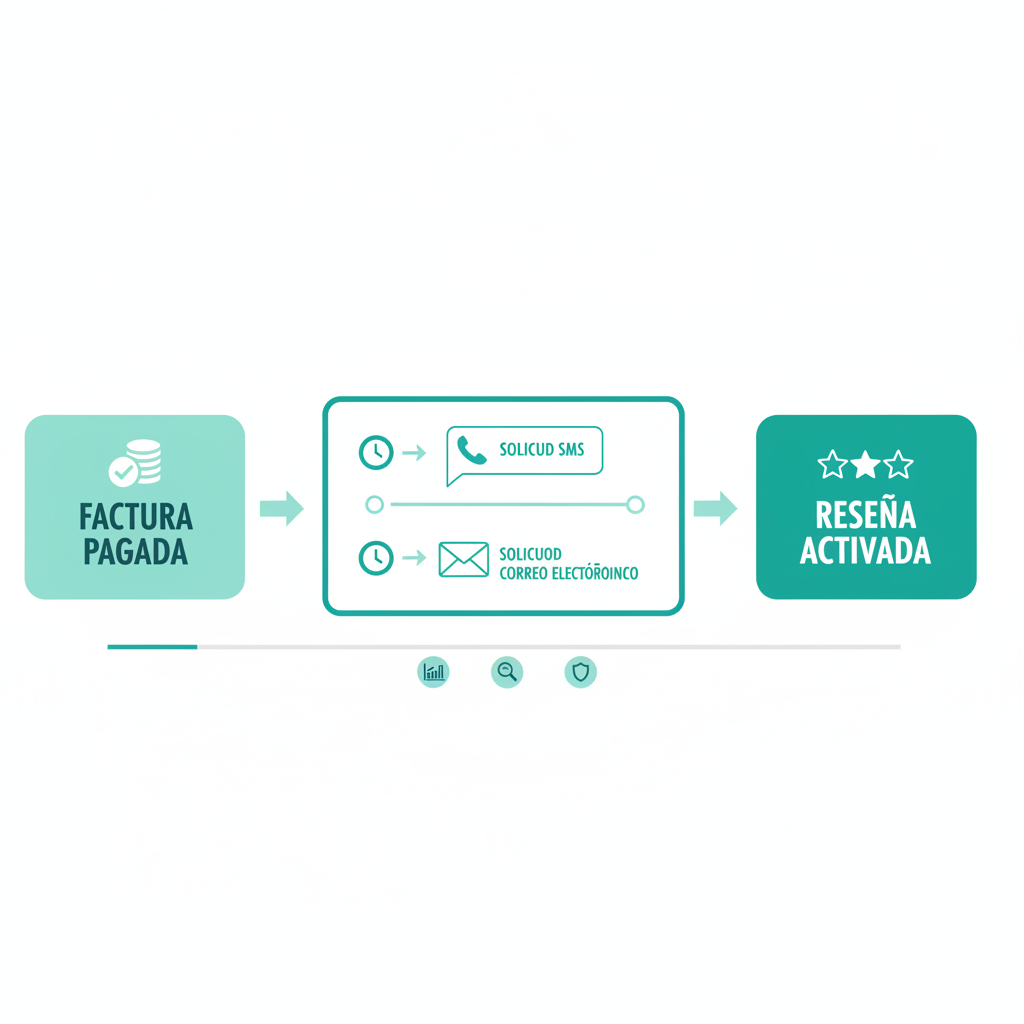 Un flujo de trabajo paso a paso que muestra una factura pagada que activa una solicitud de reseña retrasada por SMS y correo electrónico