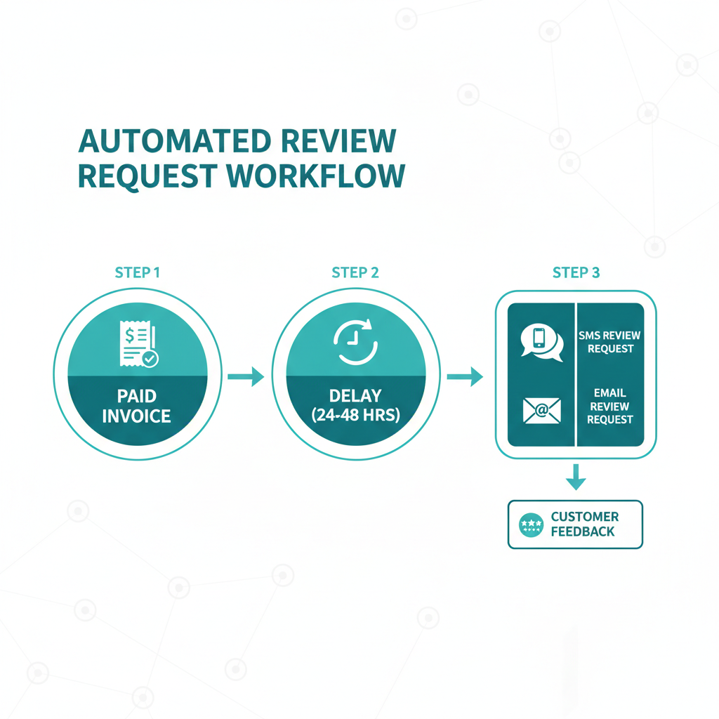 A step-by-step workflow showing a paid invoice triggering a delayed SMS and email review request