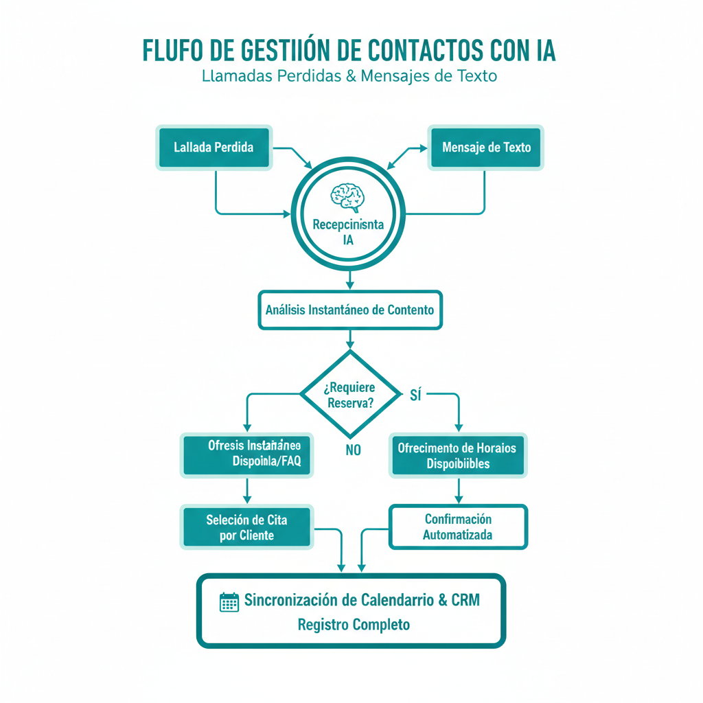 Un diagrama de flujo que ilustra cómo una llamada perdida o un mensaje de texto es gestionado instantáneamente por una recepcionista con IA, desde el contacto inicial hasta la reserva automatizada y la sincronización del calendario.