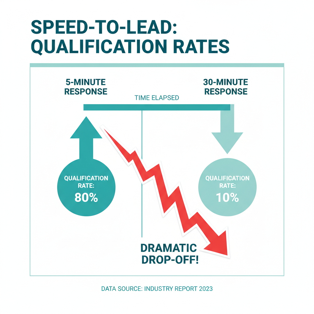 A flowchart illustrating the speed-to-lead statistics, showing the dramatic drop-off in qualification rates when a response takes 30 minutes versus 5 minutes.