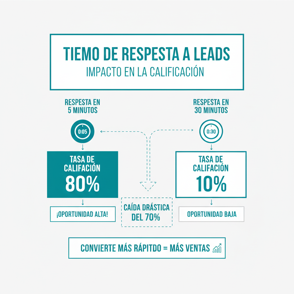 Un diagrama de flujo que ilustra las estadísticas de tiempo de respuesta a leads, mostrando la drástica caída en las tasas de calificación cuando una respuesta tarda 30 minutos en comparación con 5 minutos.