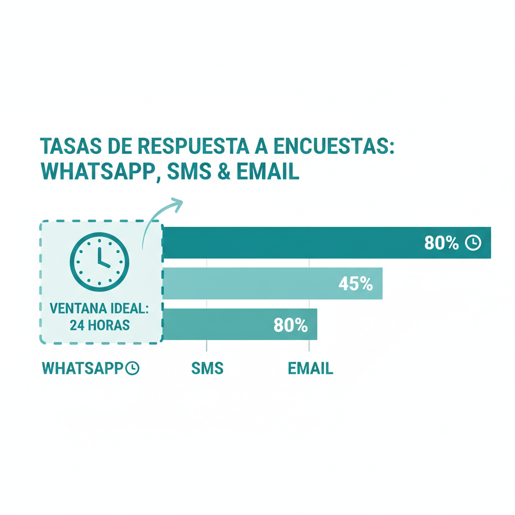 Un gráfico comparativo que ilustra las tasas de respuesta de las encuestas por WhatsApp, SMS y correo electrónico, destacando el momento ideal de 24 horas.