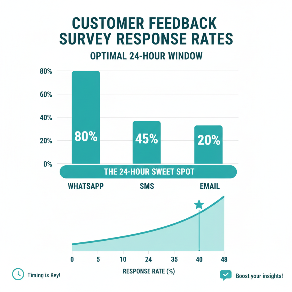 A comparison chart illustrating the response rates of WhatsApp, SMS, and Email surveys, highlighting the 24-hour sweet spot for customer feedback.