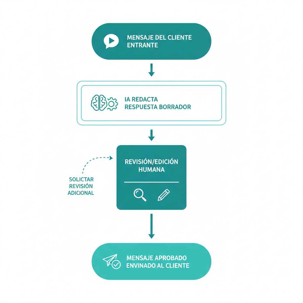 Un diagrama de flujo paso a paso que muestra la llegada de un mensaje de un cliente, la IA redactando una respuesta, un agente humano revisándola/editándola y el mensaje aprobado enviándose al cliente.