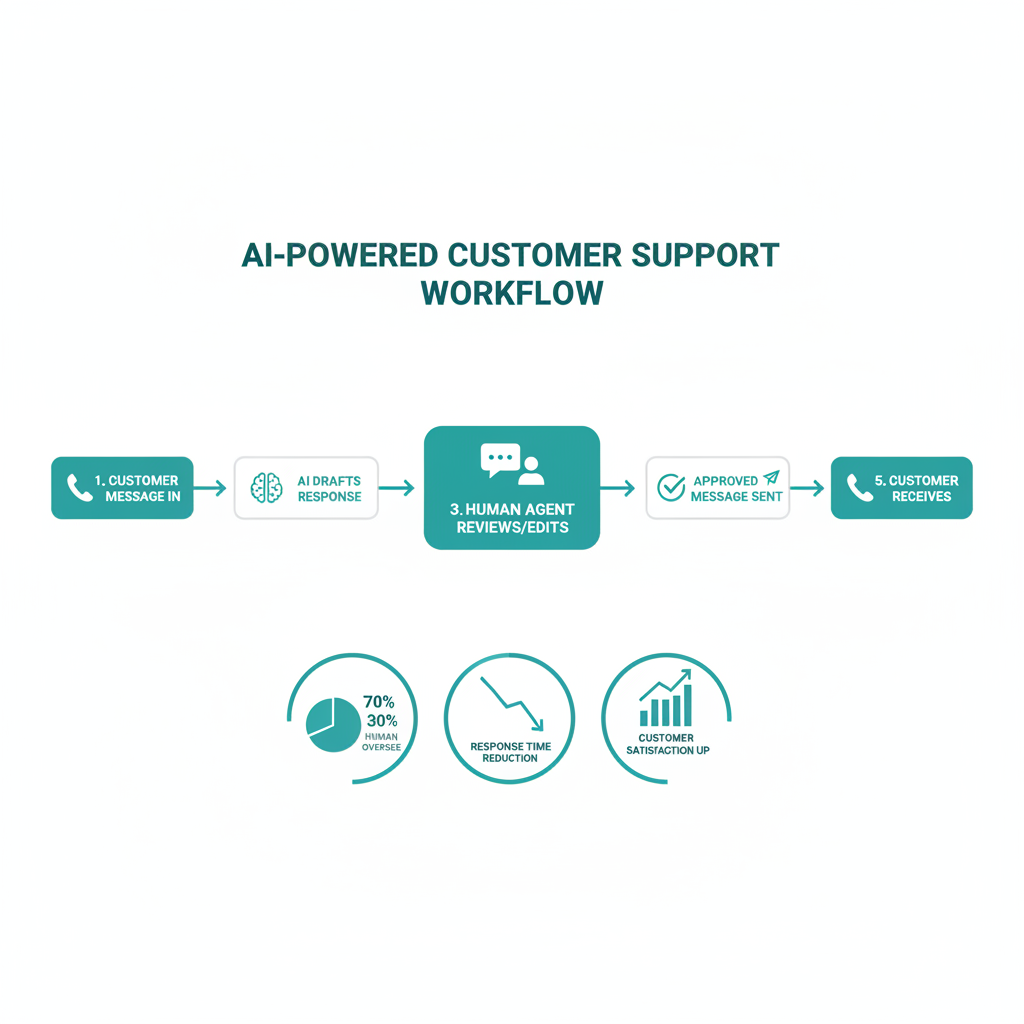 A step-by-step workflow diagram showing a customer message coming in, the AI drafting a response, a human agent reviewing/editing it, and the approved message being sent to the customer.