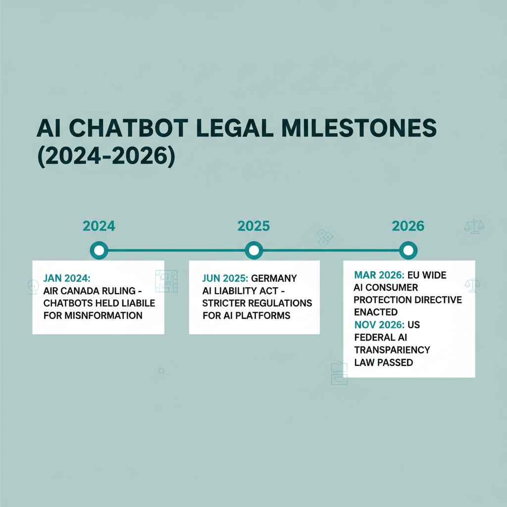 A timeline of key AI chatbot legal milestones from 2024 to 2026, including the Air Canada and Germany rulings.