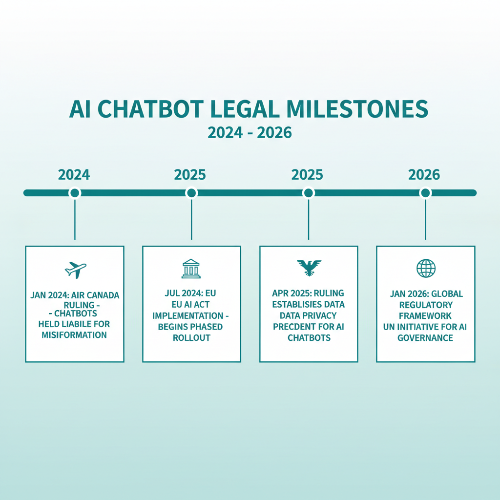 A timeline of key AI chatbot legal milestones from 2024 to 2026, including the Air Canada and Germany rulings.