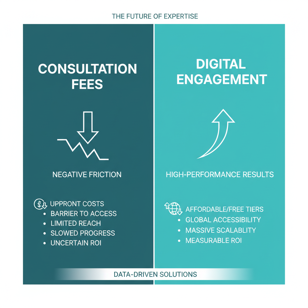 A side-by-side comparison chart contrasting the negative friction of consultation fees against the high-performance results of digital engagement.