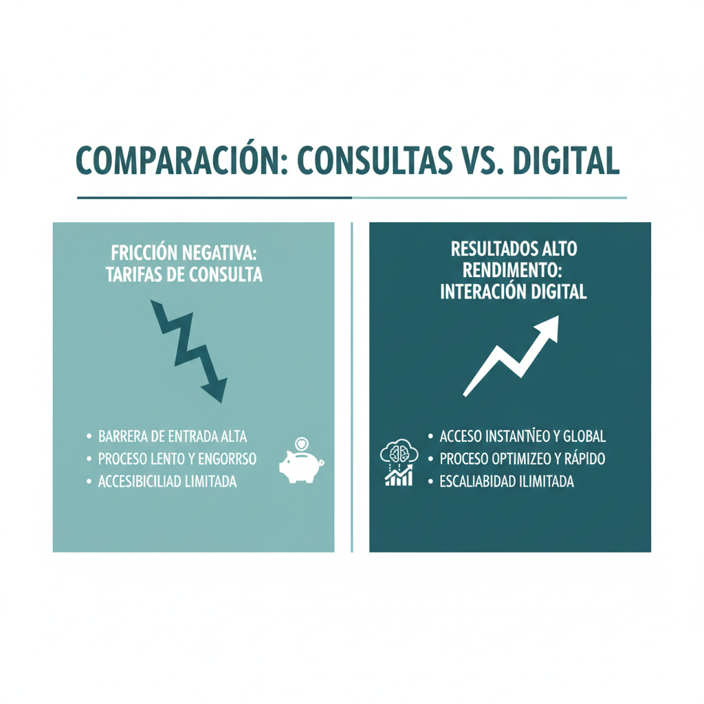 Un gráfico de comparación lado a lado que contrasta la fricción negativa de las tarifas de consulta con los resultados de alto rendimiento de la interacción digital.