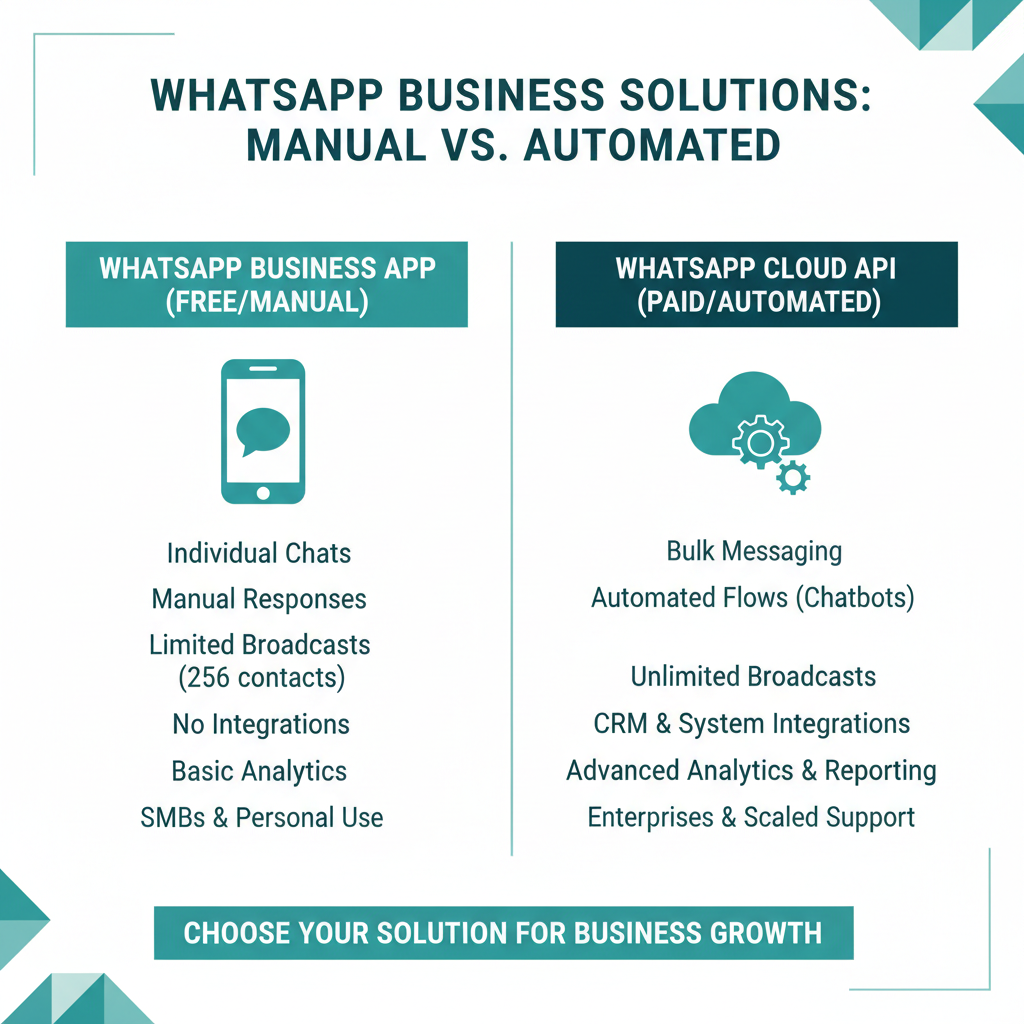A comparison chart showing the free manual messaging of the WhatsApp Business App versus the paid automated messaging of the WhatsApp Cloud API.