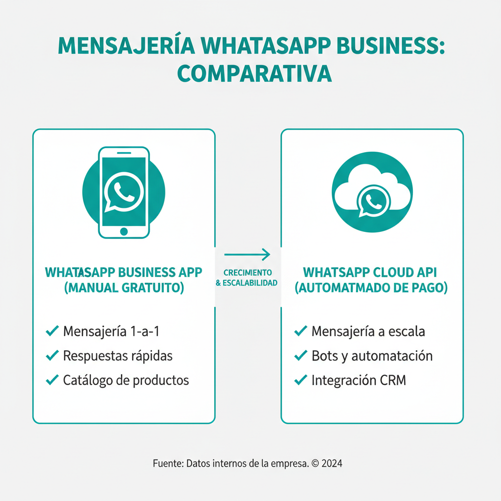 Un gráfico comparativo que muestra la mensajería manual gratuita de la app WhatsApp Business frente a la mensajería automatizada de pago de la API de WhatsApp Cloud.