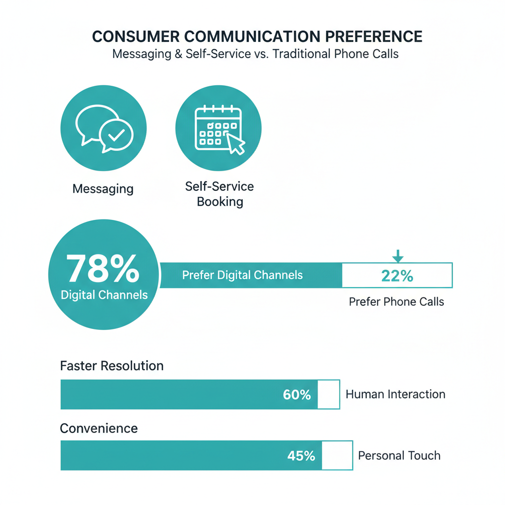 Statistical comparison showing consumer preference for messaging and self-service booking over traditional phone calls
