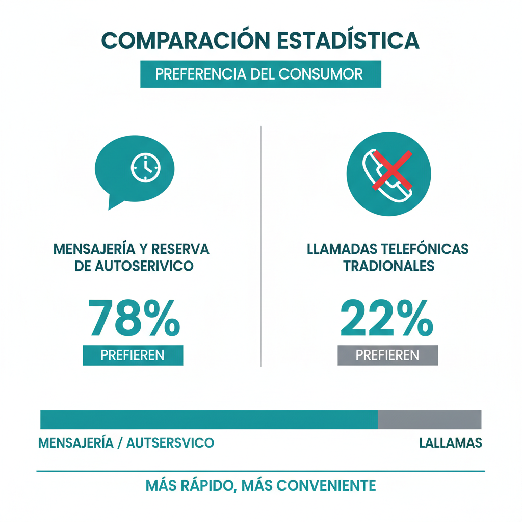 Comparación estadística que muestra la preferencia de los consumidores por la mensajería y la reserva de autoservicio sobre las llamadas telefónicas tradicionales