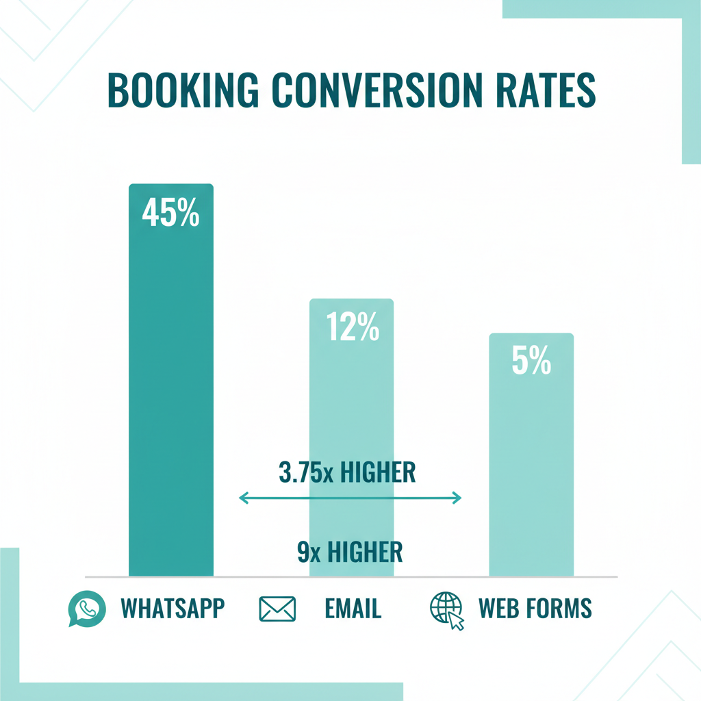 Visual breakdown of WhatsApp booking conversion rates compared to email and web forms
