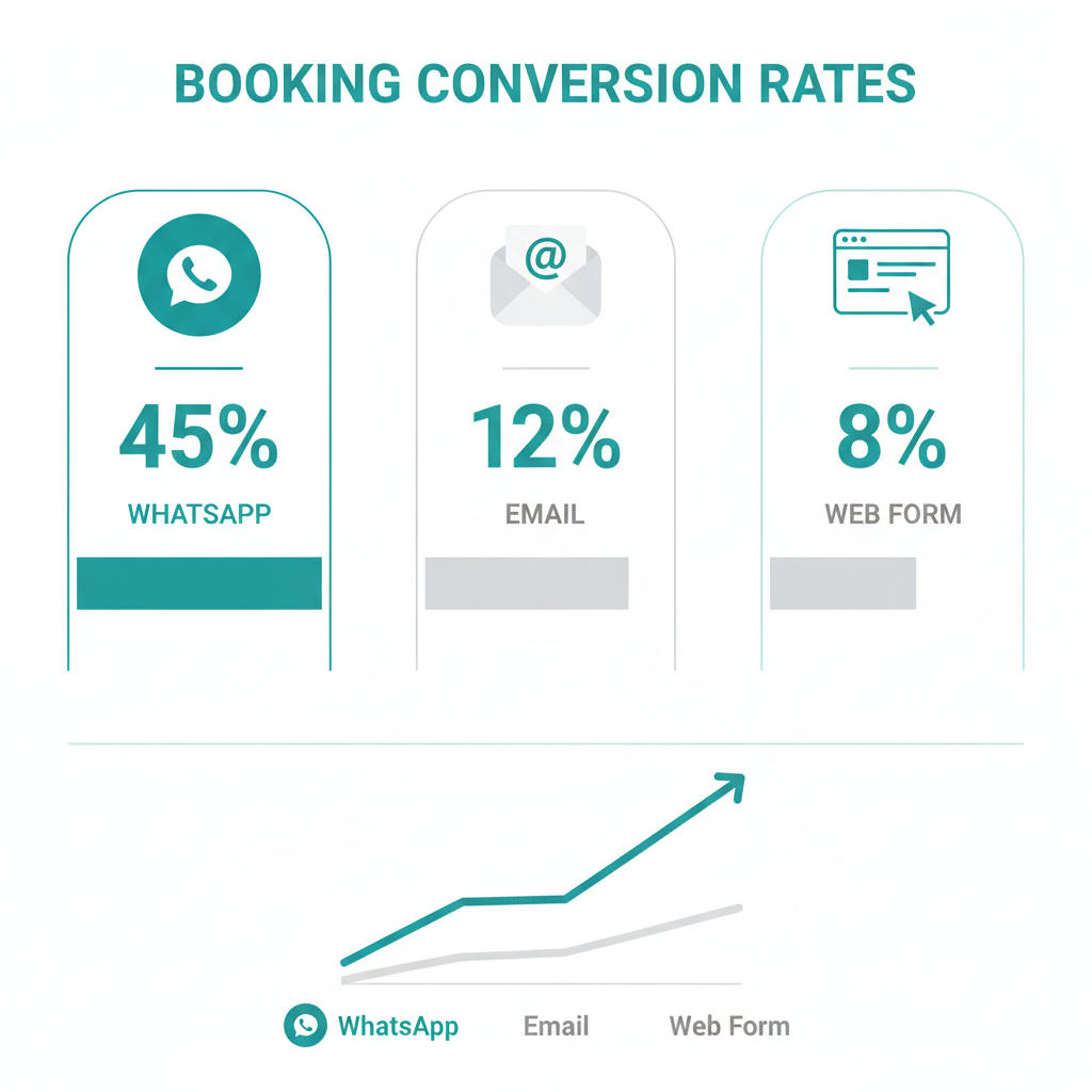Visual breakdown of WhatsApp booking conversion rates compared to email and web forms