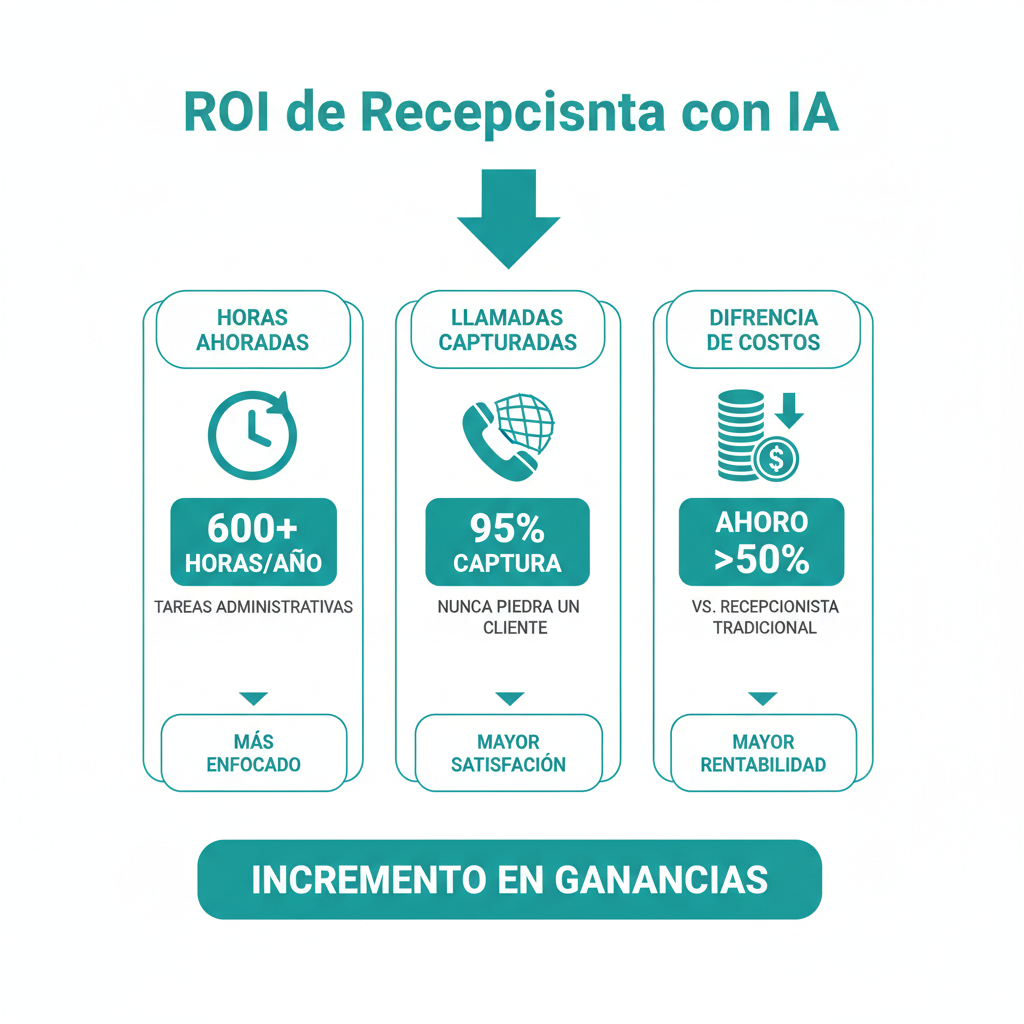 Un diagrama de flujo visual que muestra el retorno de la inversión de una recepcionista con IA, destacando las horas ahorradas, las llamadas perdidas capturadas y las diferencias de costos.
