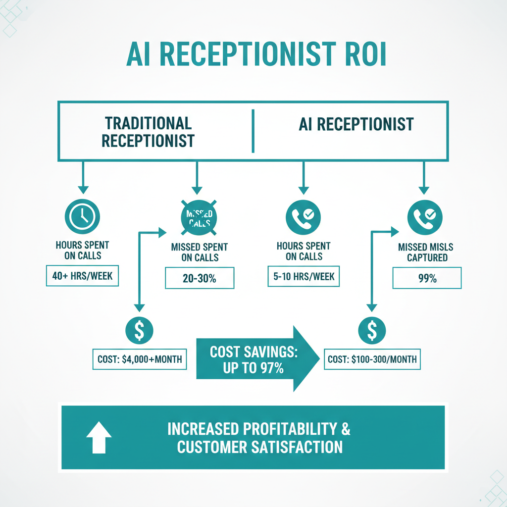 A visual flowchart showing the return on investment of an AI receptionist, highlighting hours saved, missed calls captured, and cost differences.
