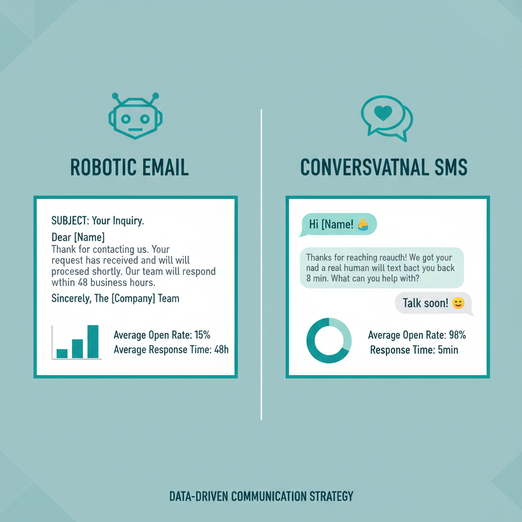 A side-by-side comparison of a cold, robotic email auto-response versus a warm, personalized, conversational SMS auto-response.